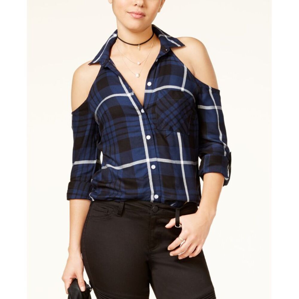 7 Sisters Juniors Cold Shoulder Plaid Shirt